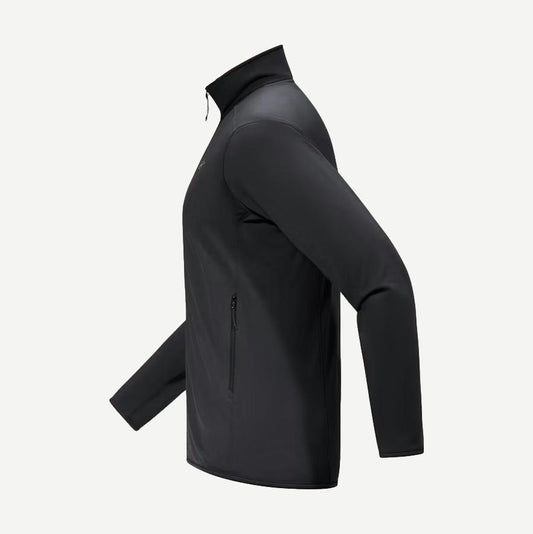 Black Arcteryx Kyanite lightweight jacket shown from the side, featuring a sleek design and slim fit for outdoor activities.