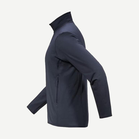 Arcteryx Kyanite lightweight jacket in black sapphire, shown from the side view with a sleek, fitted design and smooth fabric.