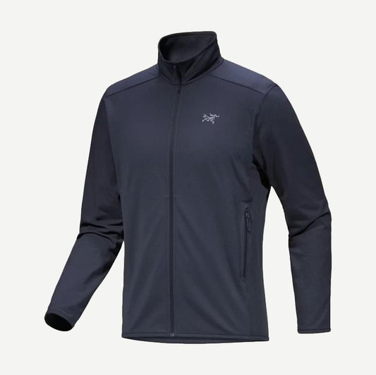Black Sapphire Kyanite lightweight jacket by Arc'teryx, shown in a close-up image highlighting its sleek design and fabric texture.