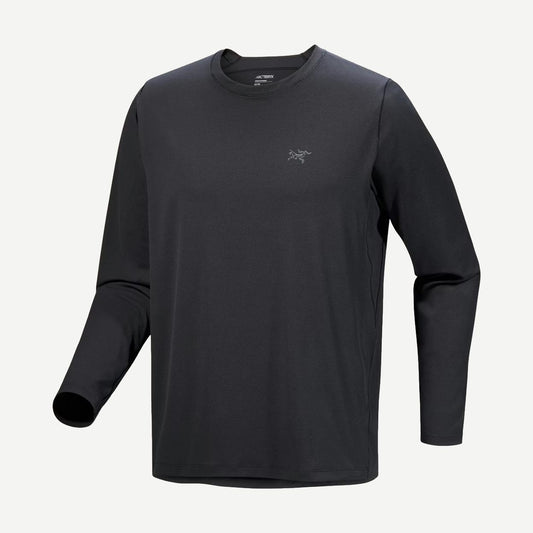 Black Arcteryx Cormac long-sleeve crew neck shirt displayed on a hanger with a close-up view of the fabric and design details.