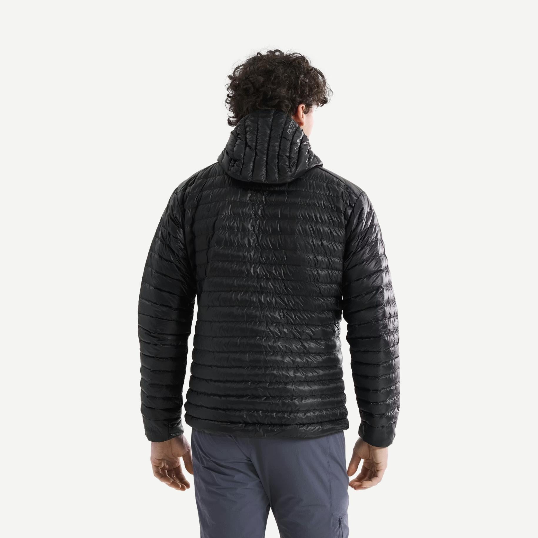 Black Arcteryx Cerium SL Hoody jacket shown from the back, lightweight down insulation with a sleek design and technical fabric.