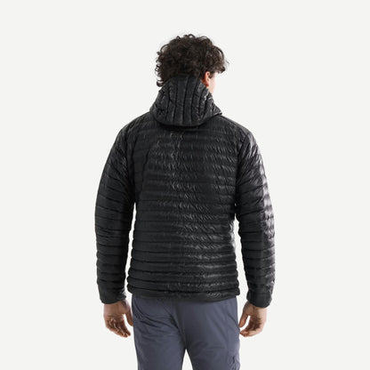Black Arcteryx Cerium SL Hoody jacket shown from the back, lightweight down insulation with a sleek design and technical fabric.