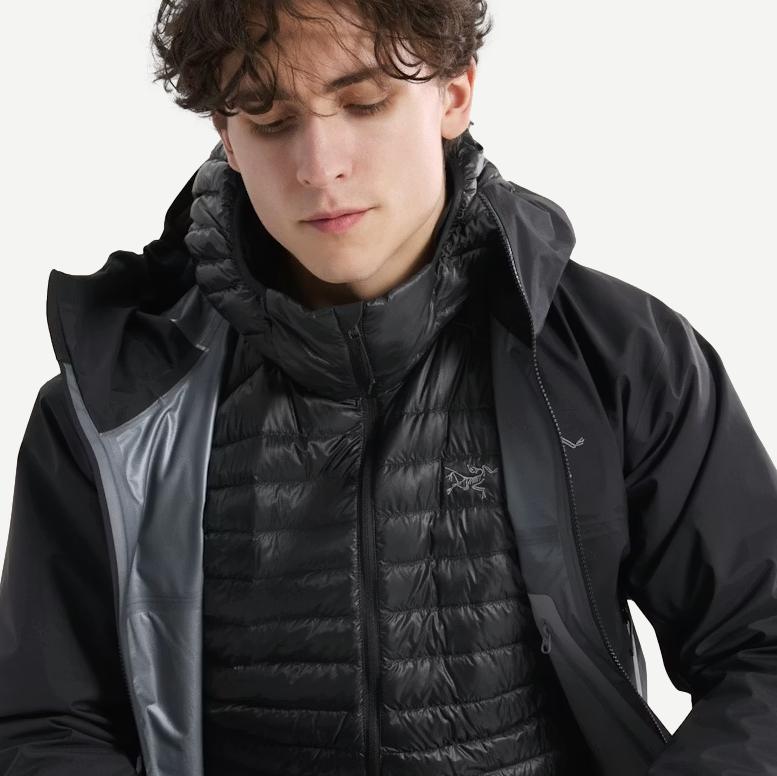 Black Arcteryx Cerium SL Hoody jacket with detailed close-up showing lightweight, insulated outdoor jacket fabric.