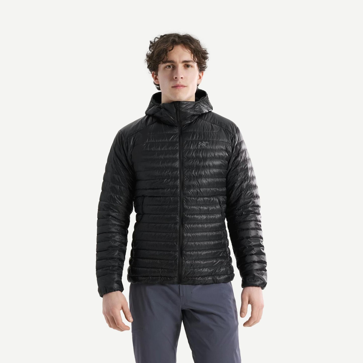 Black Arcteryx Cerium SL Hoody jacket displayed from the front view, showcasing its sleek design and lightweight outdoor apparel.