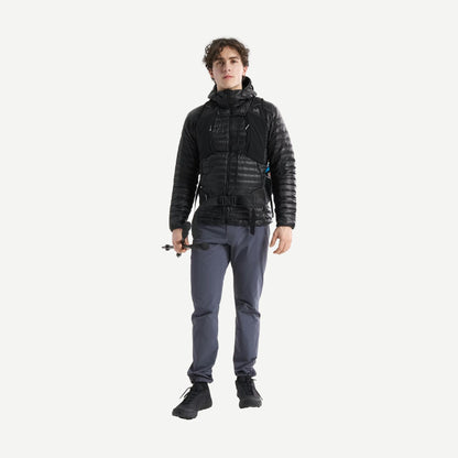 Black Arcteryx Cerium SL Hoody jacket shown on a full-body model, highlighting its lightweight design and outdoor-ready style.