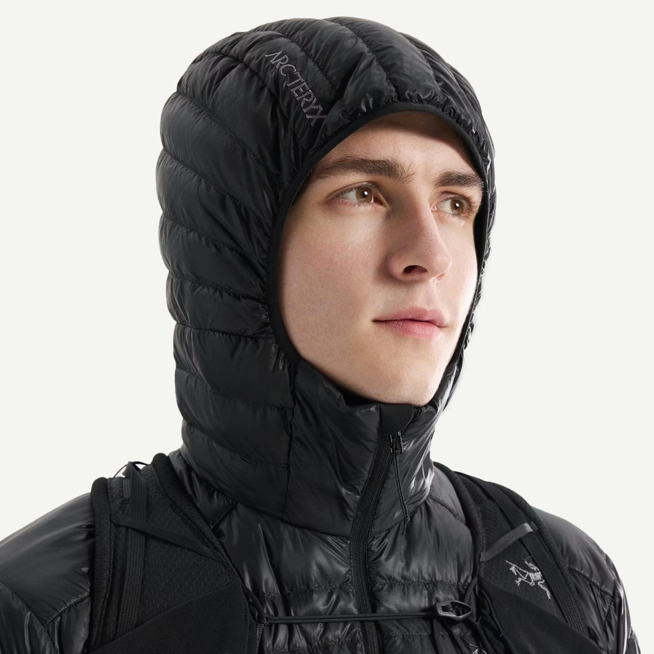 Black Arcteryx Cerium SL Hoody jacket with hood, lightweight and insulated for outdoor activities.