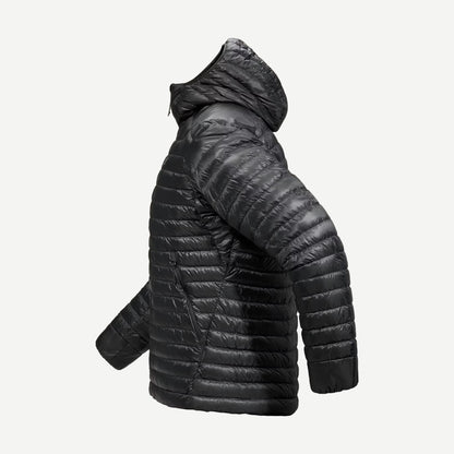 Black Arcteryx Cerium SL Hoody jacket shown from the side, highlighting lightweight design and sleek profile.