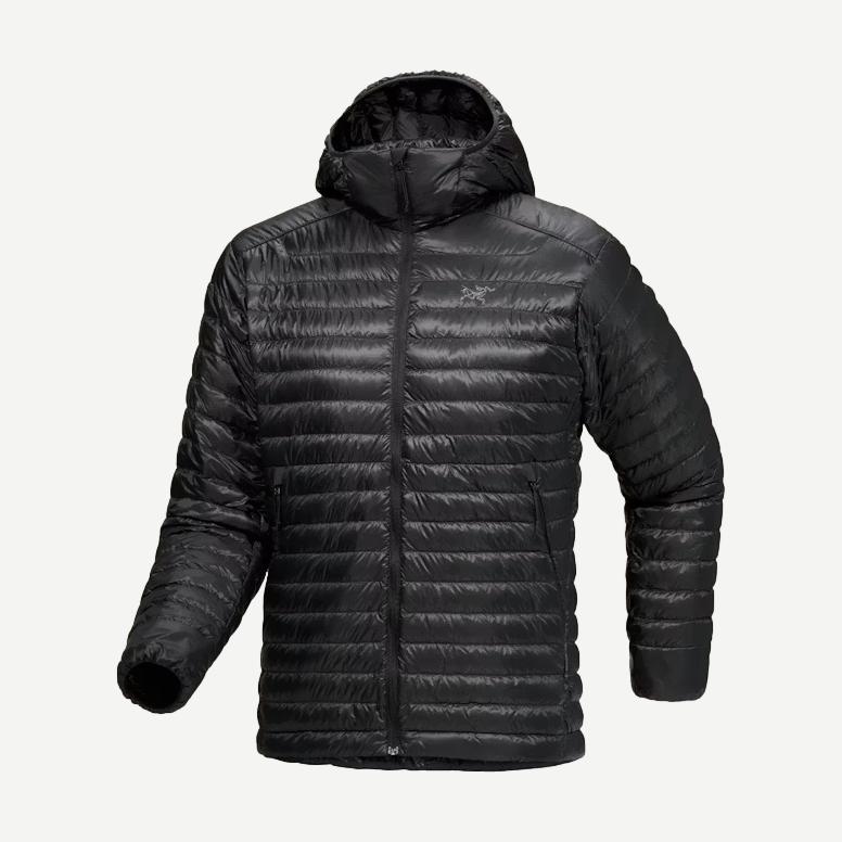 Black Arcteryx Cerium SL Hoody jacket with lightweight, insulated design, shown on a hanger.