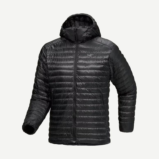 Black Arcteryx Cerium SL Hoody jacket with lightweight, insulated design, shown on a hanger.