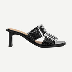 Feminine Buckle Heel Mule Sandal - Black - Galvanic.co