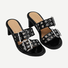 Feminine Buckle Heel Mule Sandal - Black - Galvanic.co