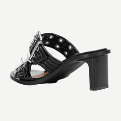 Feminine Buckle Heel Mule Sandal - Black - Galvanic.co