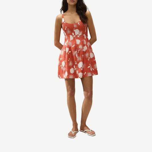 Faithfull The Brand Cypriani Mini Dress in Sunrose Rosso, vibrant red dress with a stylish fit, shown on a model.