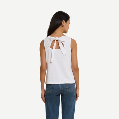 Optic white Sammi tie-back tank top by Nation LTD, featuring a stylish back tie and sleeveless design, casual summer look.