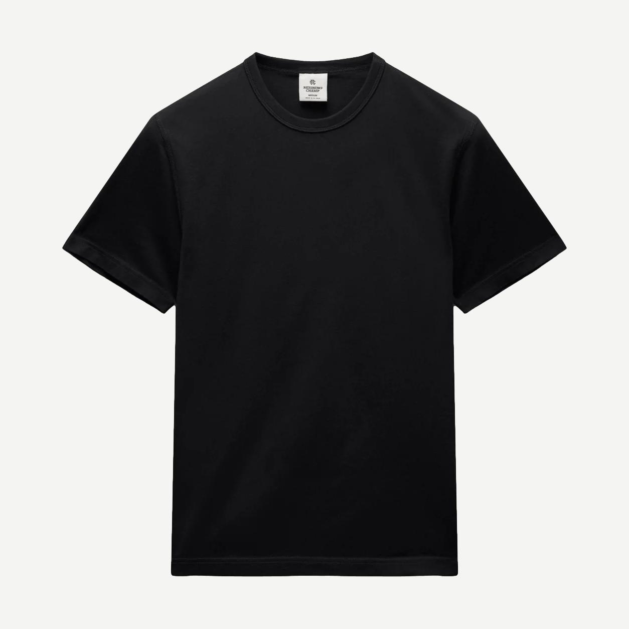 Black lightweight jersey slim fit T-shirt by Reigning Champ, shown flat with short sleeves and crew neckline.