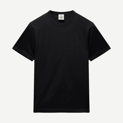 Black lightweight jersey slim fit T-shirt by Reigning Champ, shown flat with short sleeves and crew neckline.