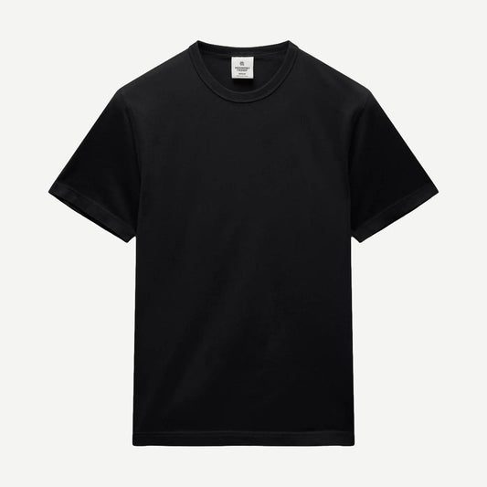 Black lightweight jersey slim fit T-shirt by Reigning Champ, shown flat with short sleeves and crew neckline.