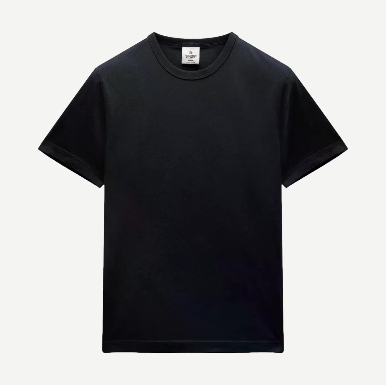 Reigning Champ navy lightweight jersey slim fit T-shirt displayed flat, showing smooth fabric and classic crew neckline.
