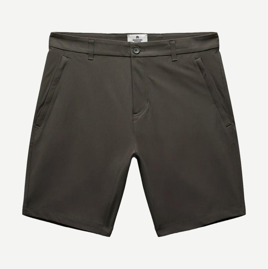 Reigning Champ Stretch Warp Knit Coach's Slim Shorts 9-inch in carbon color, close-up view of the fitted athletic shorts.