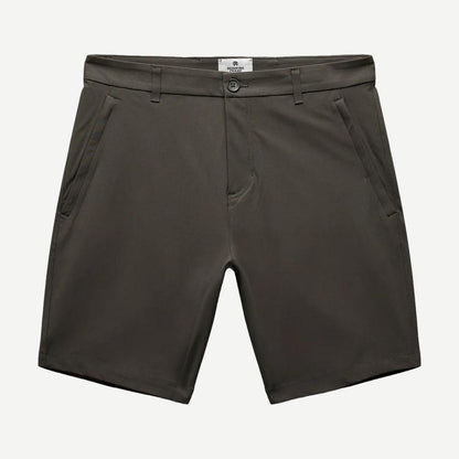 Reigning Champ Stretch Warp Knit Coach's Slim Shorts 9-inch in carbon color, close-up view of the fitted athletic shorts.