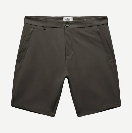 Reigning Champ Stretch Warp Knit Coach's Slim Shorts 9-inch in carbon color, close-up view of the fitted athletic shorts.