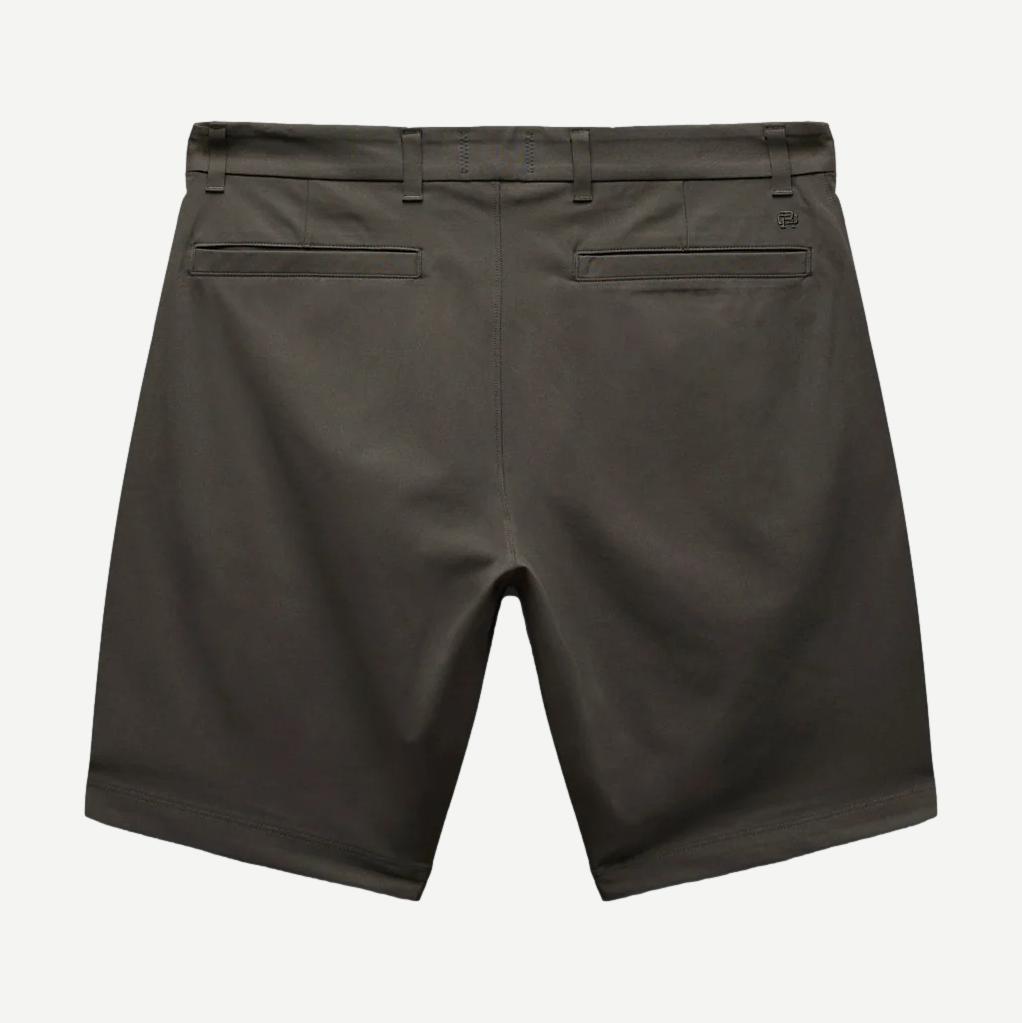 Reigning Champ Stretch Warp Knit Coach's Slim Shorts 9-inch in carbon color, featuring a fitted design and breathable fabric.