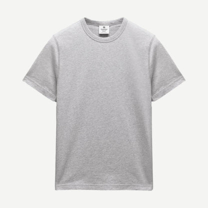 Reigning Champ lightweight jersey slim T-shirt in heather grey, soft fabric, close-up of chest and sleeve details.