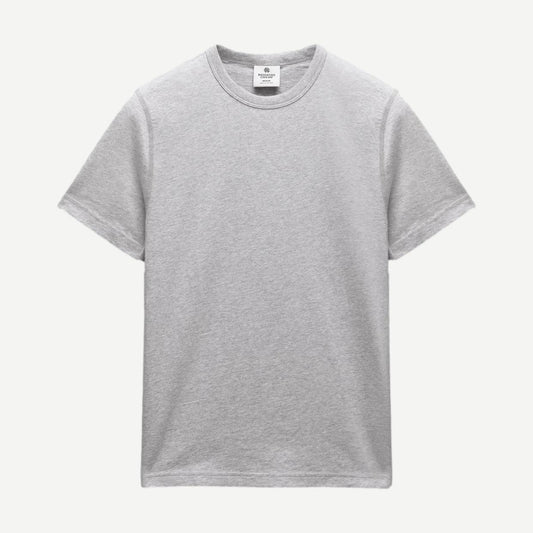 Reigning Champ lightweight jersey slim T-shirt in heather grey, soft fabric, close-up of chest and sleeve details.
