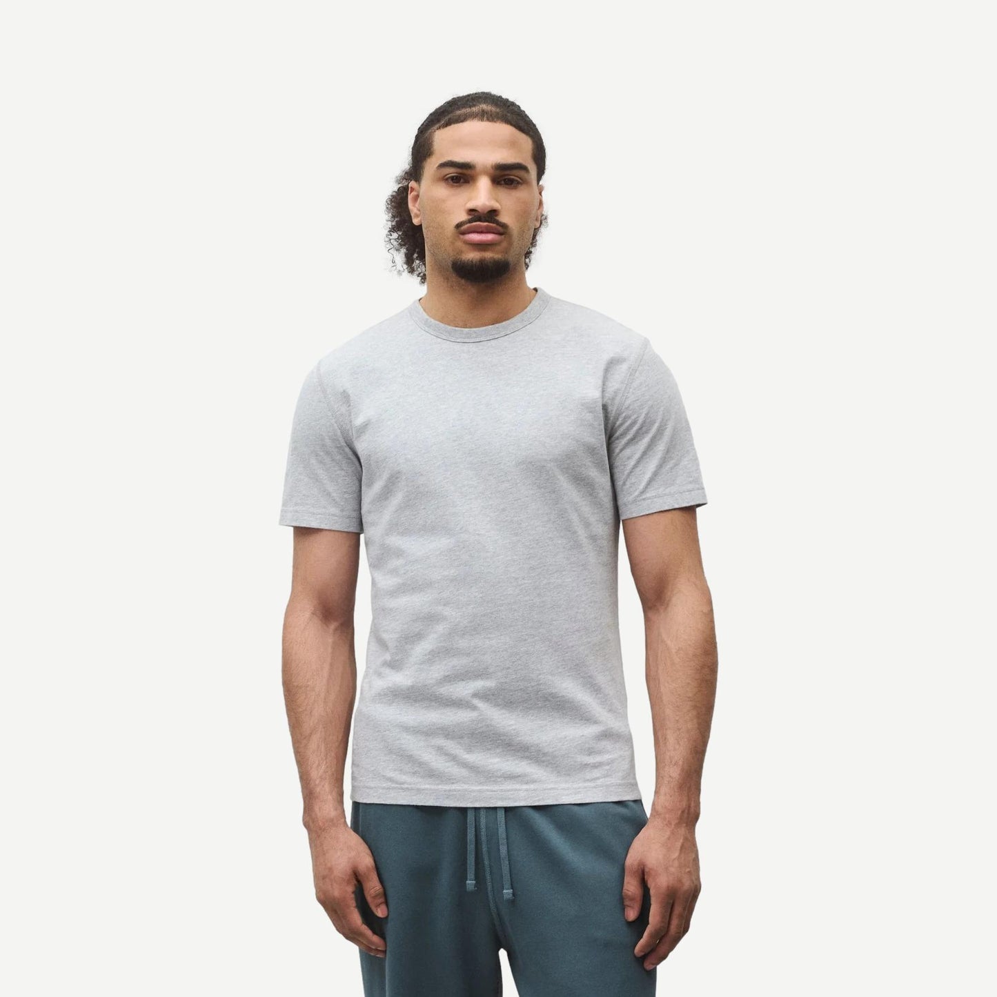 Reigning Champ lightweight jersey slim T-shirt in Heather Grey, soft fabric, close-up of fit and texture.
