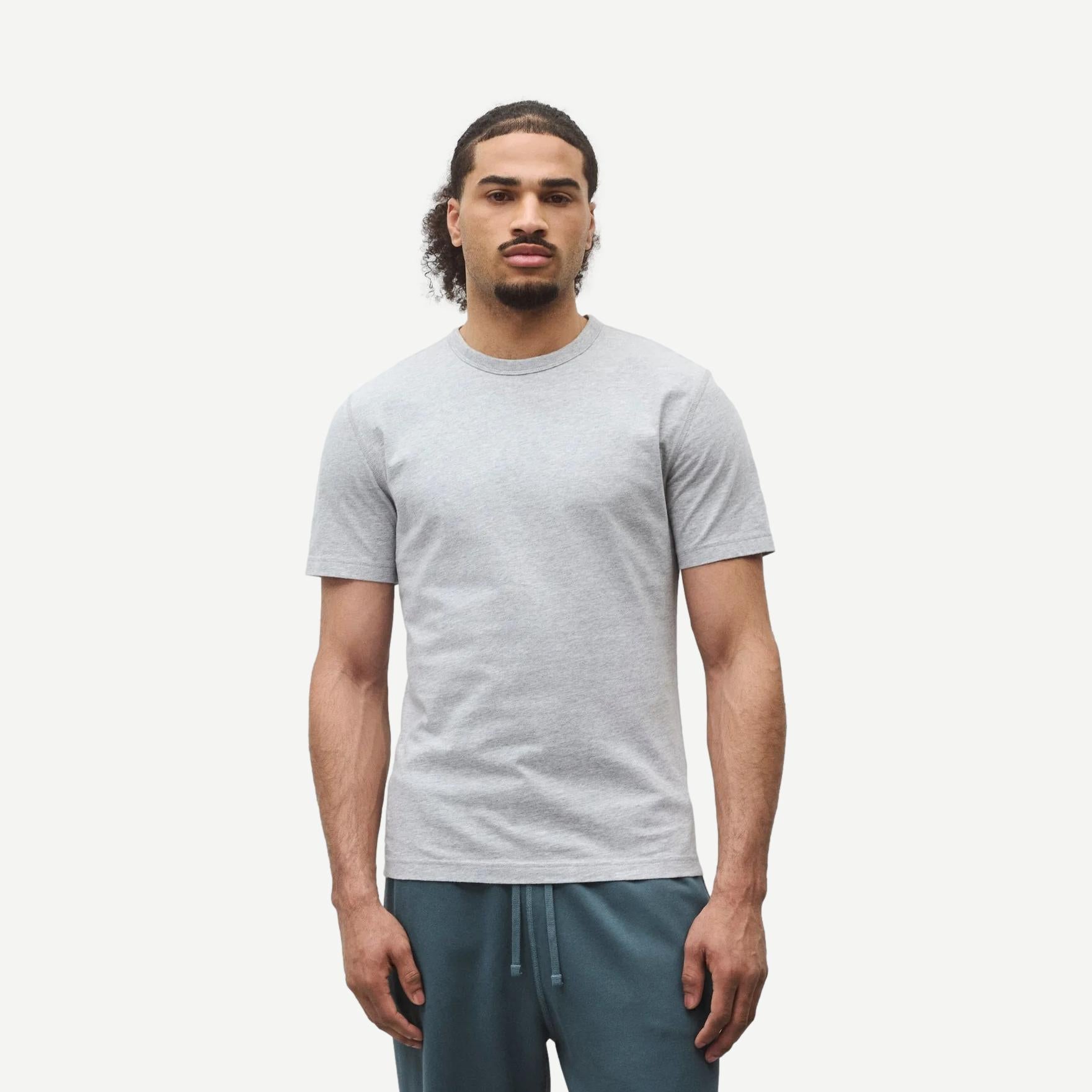Reigning Champ lightweight jersey slim T-shirt in Heather Grey, soft fabric, close-up of fit and texture.