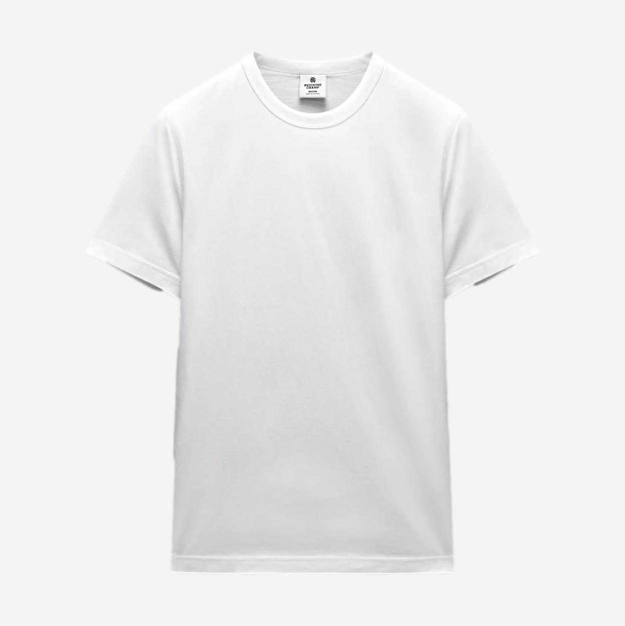 Reigning Champ lightweight white jersey slim T-shirt, plain design, close-up view showing soft fabric and clean stitching.