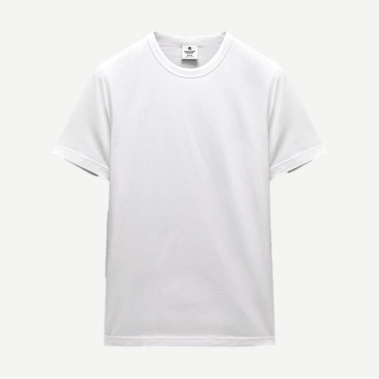 Reigning Champ lightweight white jersey slim T-shirt, plain design, close-up view showing soft fabric and clean stitching.