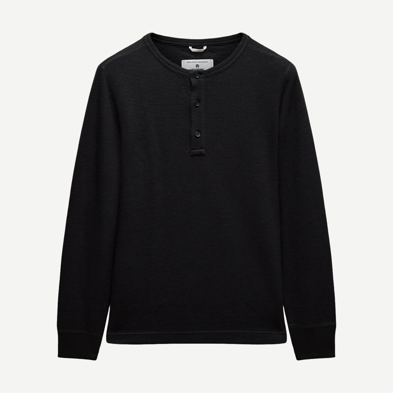 Reigning Champ lightweight black waffle henley shirt, standard fit, with a crew neckline and long sleeves.