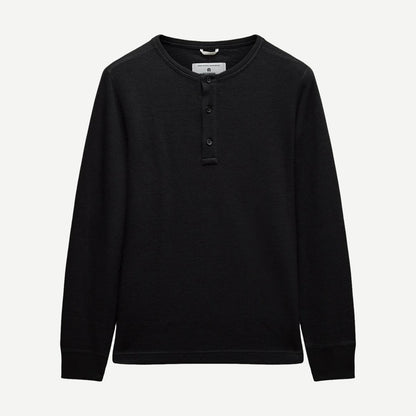 Reigning Champ lightweight black waffle henley shirt, standard fit, with a crew neckline and long sleeves.