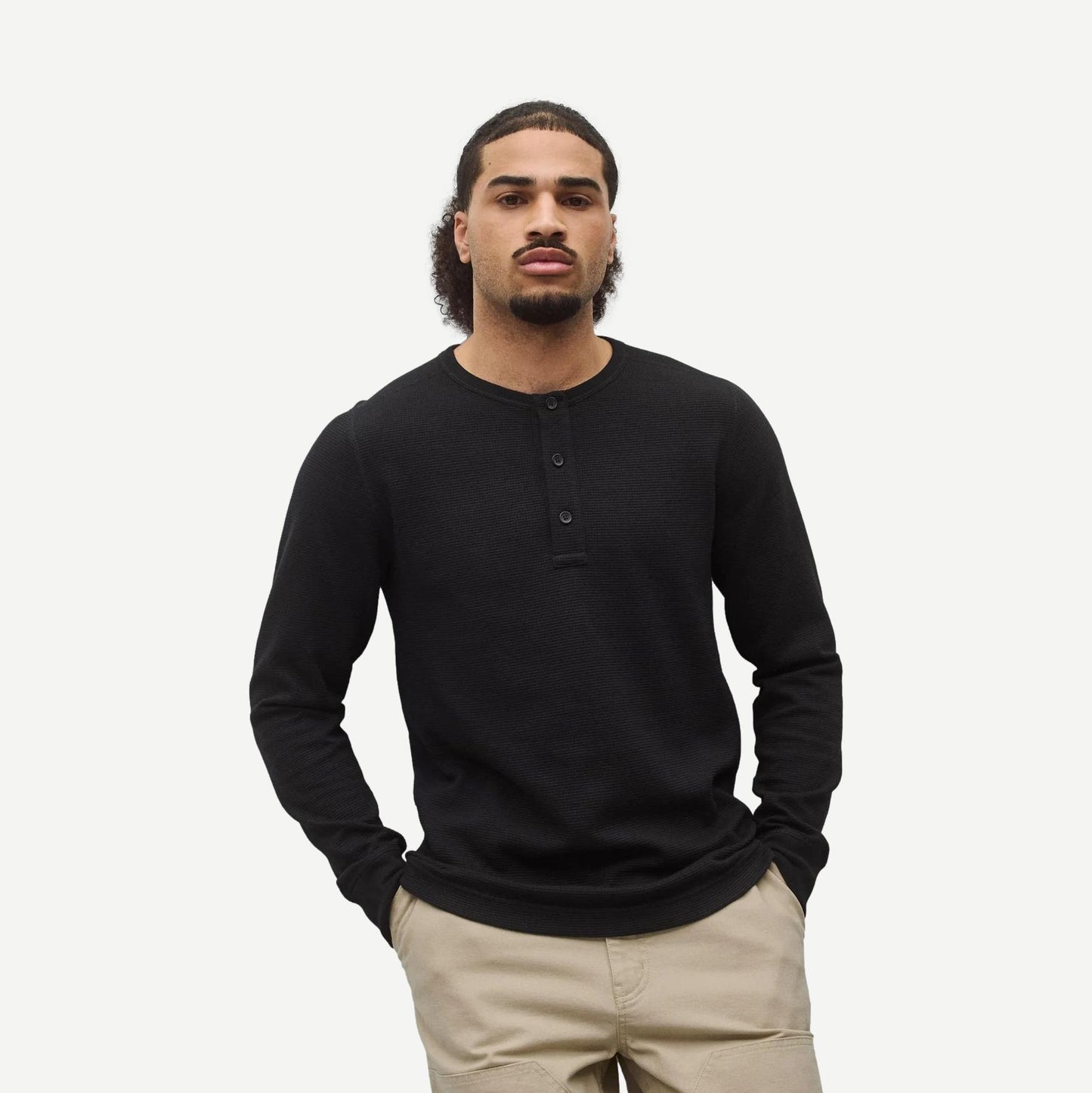 Black lightweight waffle standard Henley shirt by Reigning Champ, featuring a relaxed fit and classic design.