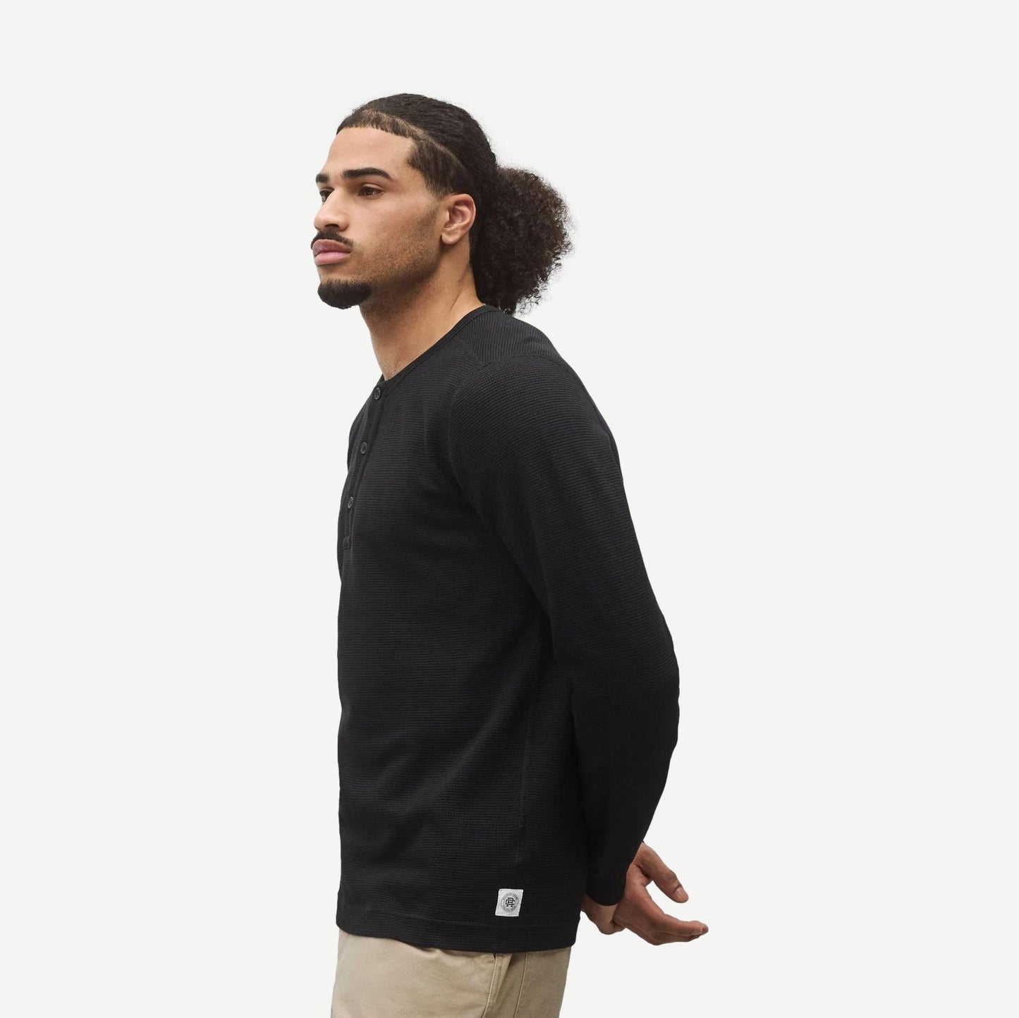 Black lightweight waffle Henley shirt by Reigning Champ, casual short-sleeve henley top with textured fabric.