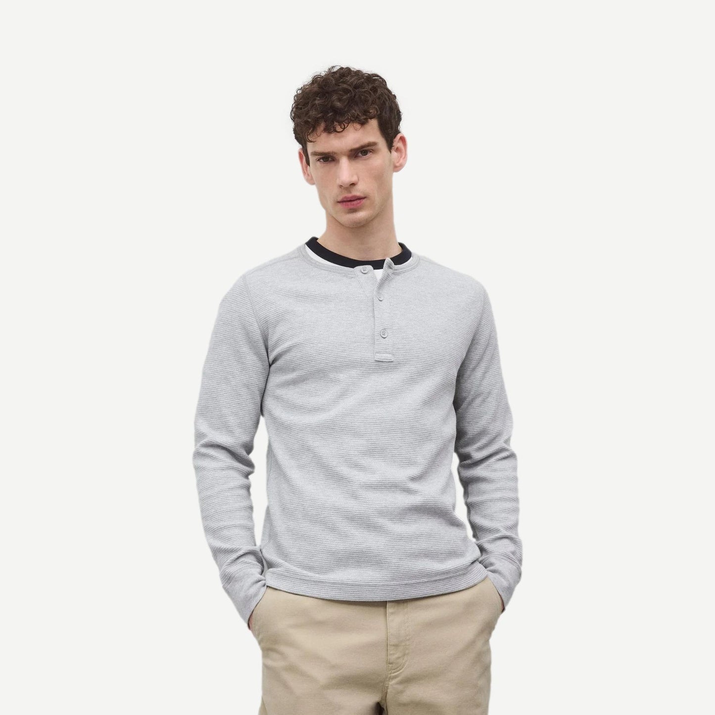 Reigning Champ lightweight waffle henley shirt in heather grey, featuring a classic collar and button placket for a casual look.