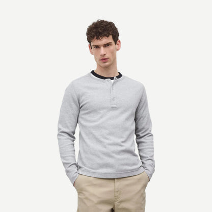 Reigning Champ lightweight waffle henley shirt in heather grey, featuring a classic collar and button placket for a casual look.