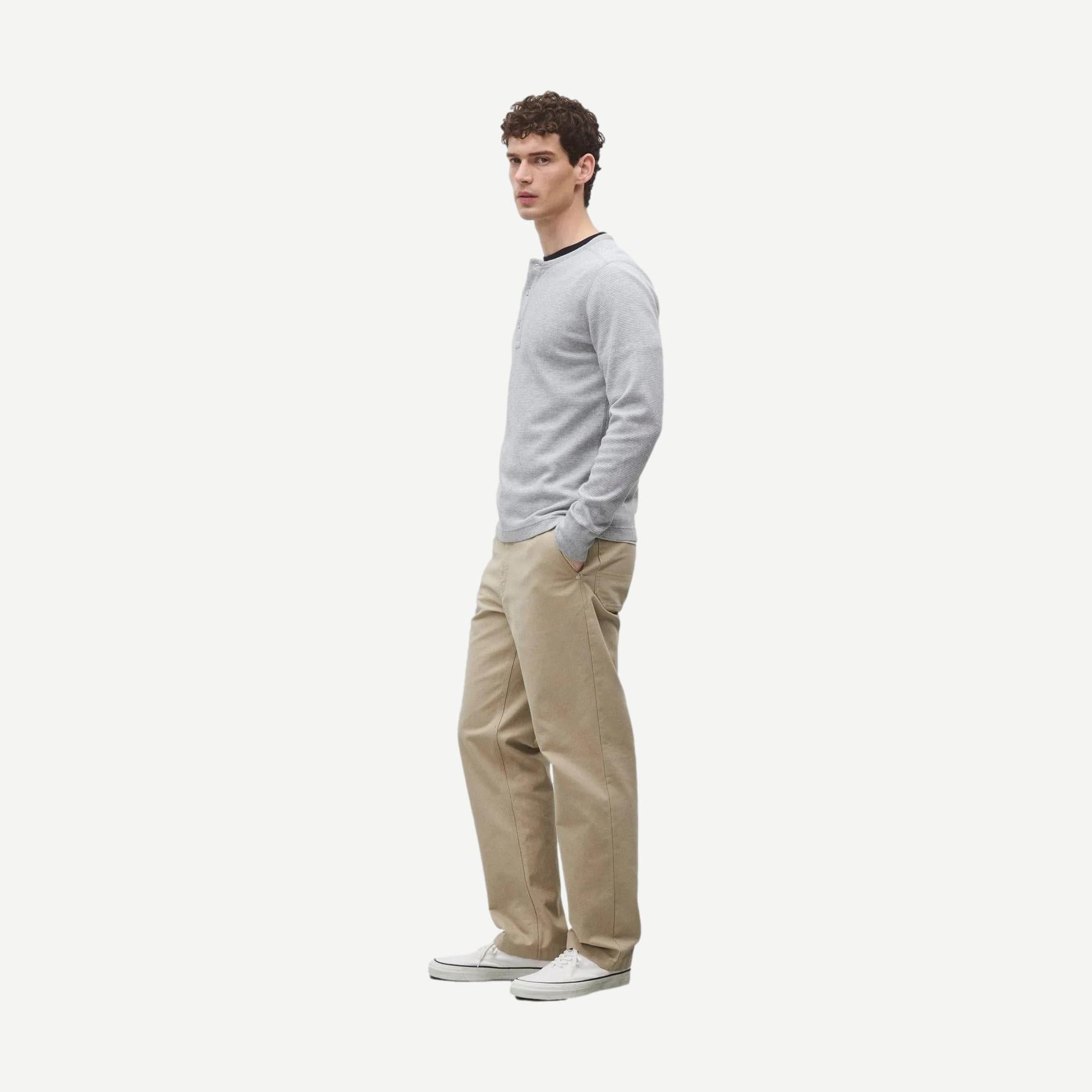 Reigning Champ lightweight waffle henley shirt in heather grey, featuring a classic henley neckline and soft textured fabric.