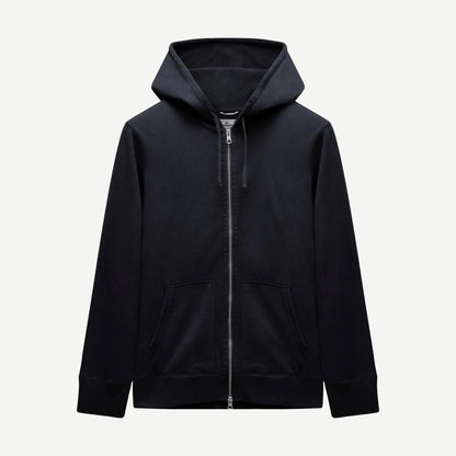 Reigning Champ navy midweight terry slim zip hoodie sweatshirt with a front zipper and hood, displayed on a hanger.