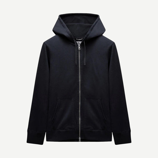 Reigning Champ navy midweight terry slim zip hoodie sweatshirt with a front zipper and hood, displayed on a hanger.