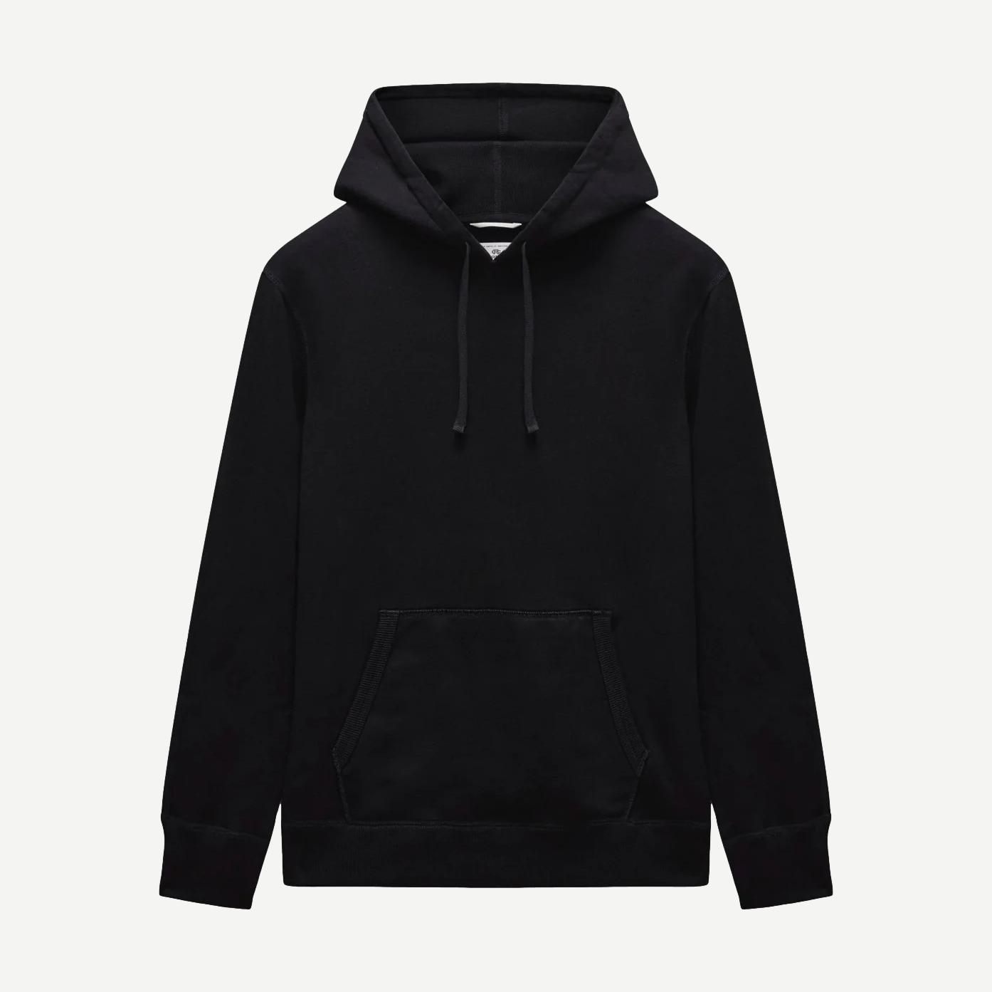 Black Reigning Champ midweight terry slim hoodie, front view showing the classic sweatshirt fit and minimal branding.