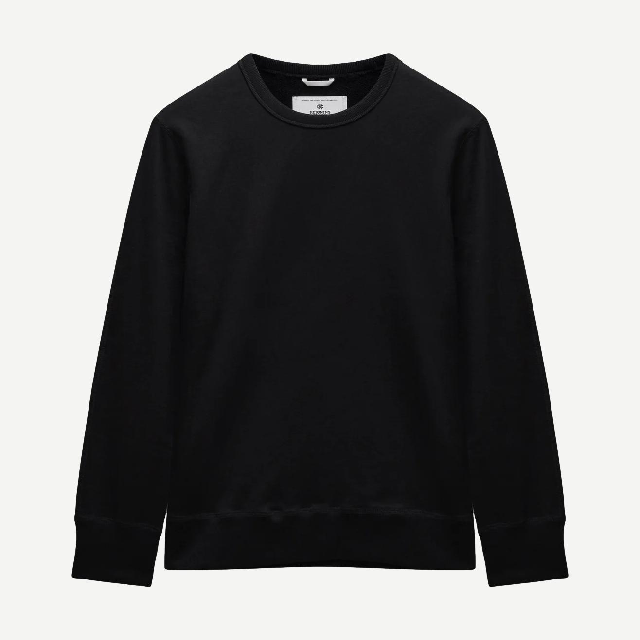Black Reigning Champ midweight terry slim crewneck sweatshirt displayed on a neutral background.
