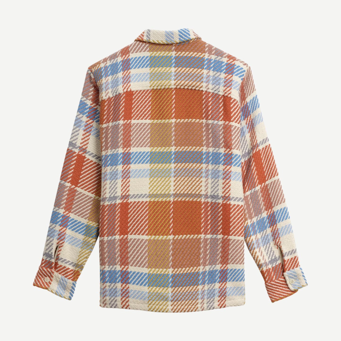 Back view of the Wax London Whiting Overshirt in Bude Check Pastel Multi, featuring a colorful check pattern.