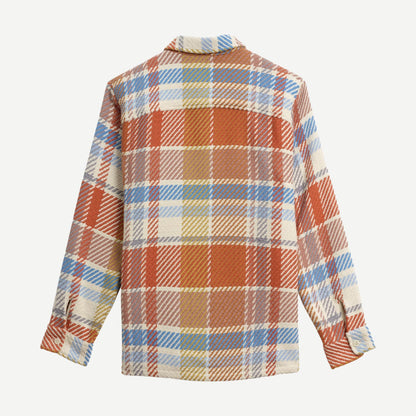 Back view of the Wax London Whiting Overshirt in Bude Check Pastel Multi, featuring a colorful check pattern.