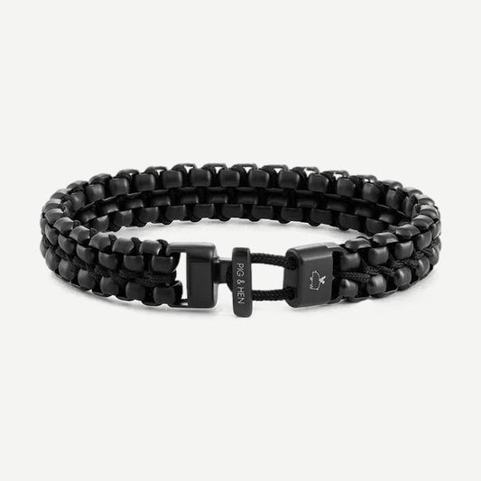 Pig & Hen PH Catena Venetian Double 7mm bracelet in black and black leather, featuring a sleek, double-layered design.