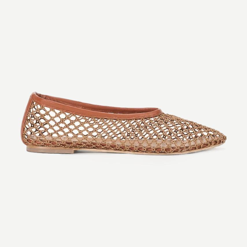 Staud Alba Ballet footwear with tan netting, showcasing elegant ballet flat design and soft material for comfortable wear.
