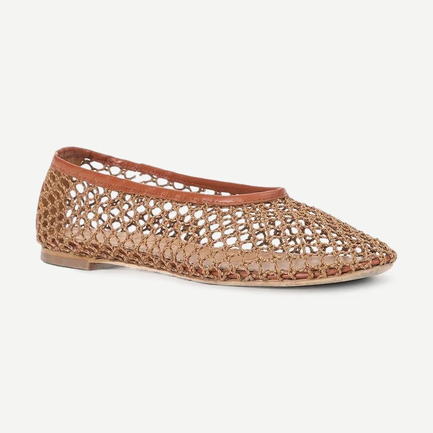 Staud Alba Ballet flats with tan netting design, showcasing elegant footwear with a sleek, minimalist style.
