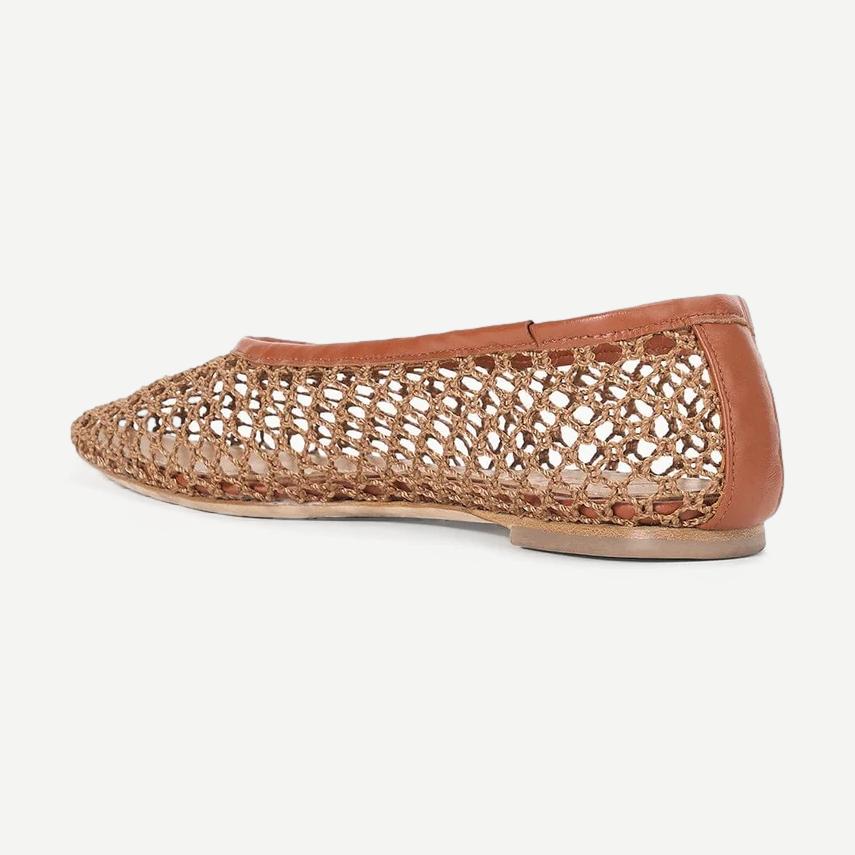 Staud Alba Ballet shoe with tan netting and soft leather upper, low heel, and elegant design.