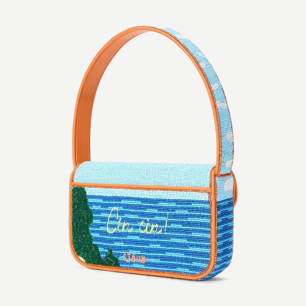 Staud Tommy Beaded Bag in Sunset Spritz with colorful beaded design, small purse style, and wrist strap.